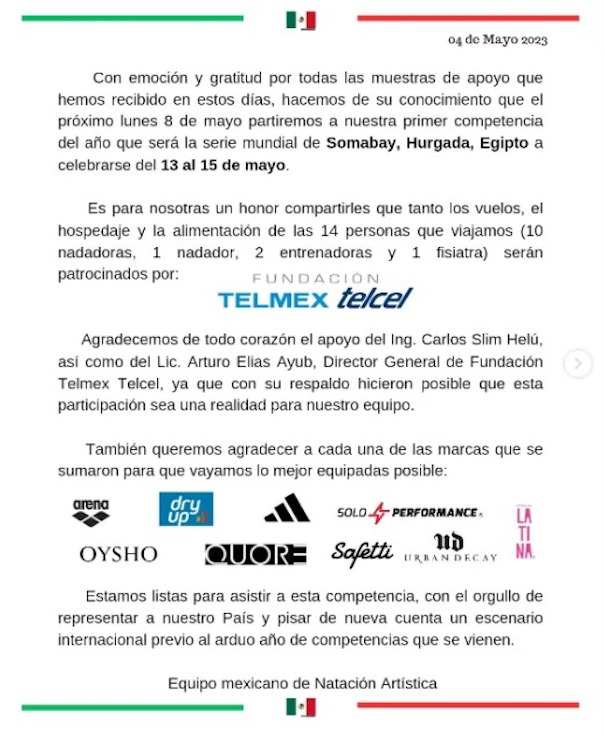 FUNDACION TELMEX TELCEL APOYA AL EQUIPO DE NADO SINCRONIZADO DE MÉXICO